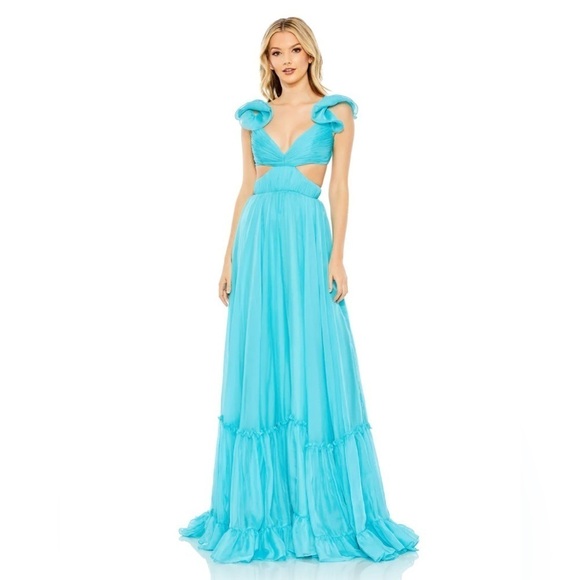 Mac Duggal 70254 NWT RUCHED RUFFLED SHOULDER CUT OUT LACE UP GOWN - Picture 1 of 5